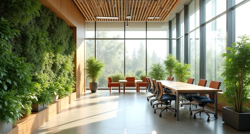 Ufficio moderno con vetrate e piante